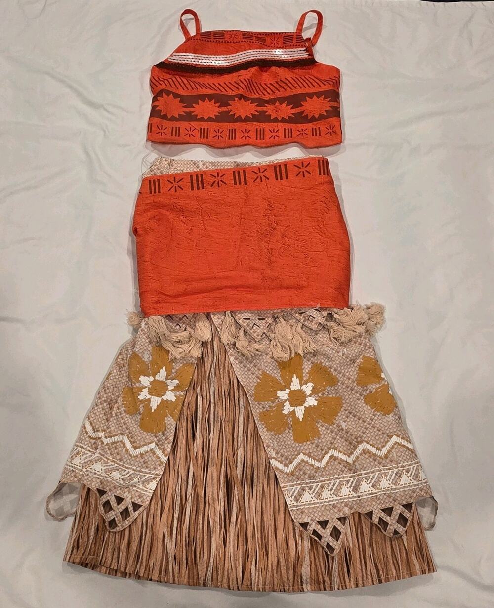Disney Store Moana Costume Dress Set Girls 11/12 Orange Top Skirt Tassel Fringe